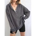 thumbnail image 6 of Women'S Oversized Long Sleeve Hoodie Button-Down V-Neck Sweatshirt Side Slit Casual Pullover Top Grey S, 6 of 9
