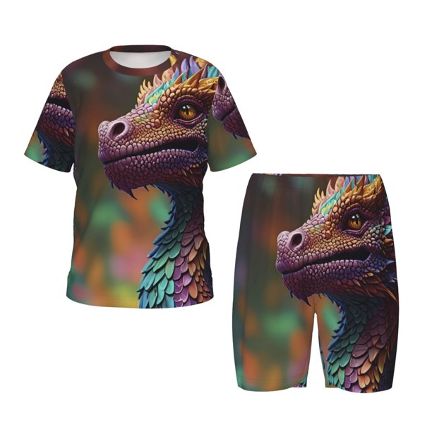 Fotbe Rainbow Scales Fantasy Dragon Pijama Estampada de 2 Piezas para Niños – Ropa de Dormir de Manga Corta Cómoda para Niños y Niñas, Camiseta y Shorts de Algodón-4X-Large