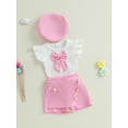 thumbnail image 5 of BemeyourBBs Toddler Baby Girl 2 Peice Skirts Set Cute Summer Fall Clothes Vintage Little Girls Short Sleeve 3D Bowknot T-Shirt Skorts Shorts Beret Hat, 5 of 9