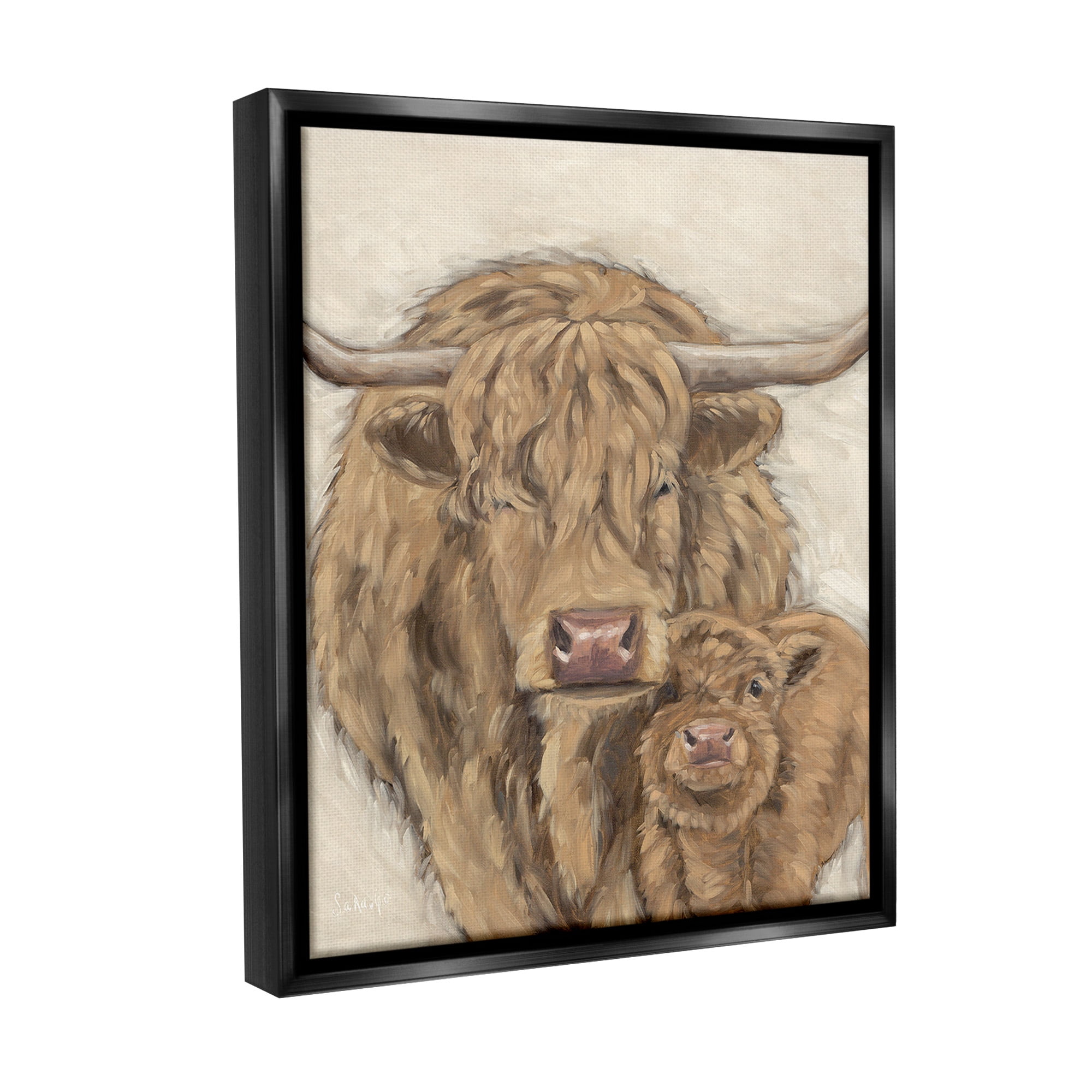 Stupell Industries Highland Cattle & Calf Animals & Insects Painting Black Floater Framed Canvas Art Print Wall Art, 17 x 21