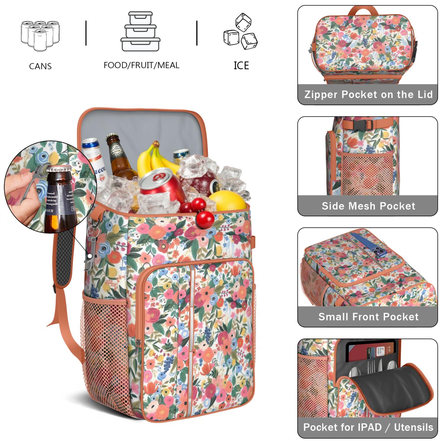 Travel Cooler Bag - Pioneer Flower Floral Print Pattern Camping Beer Cooler Backpack with Bottle Opener- Waterproof Insulated Picnic Backpacks - Cooler Bag for Beach