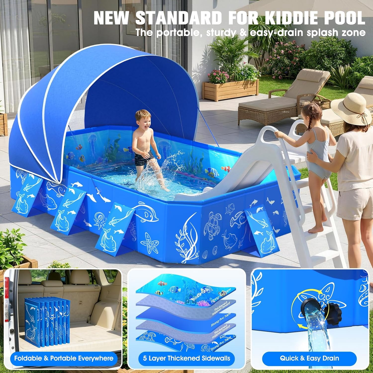 2026 Kiddie Pool with Canopy,Baby Swimming Pool for Toddler,Non-Inflatable Portable Pool for Kids,Foldable Toddler Pool with Shade,Kiddie Pool for Backyard,Pop Up Baby Beach Pool 53''×40×33''