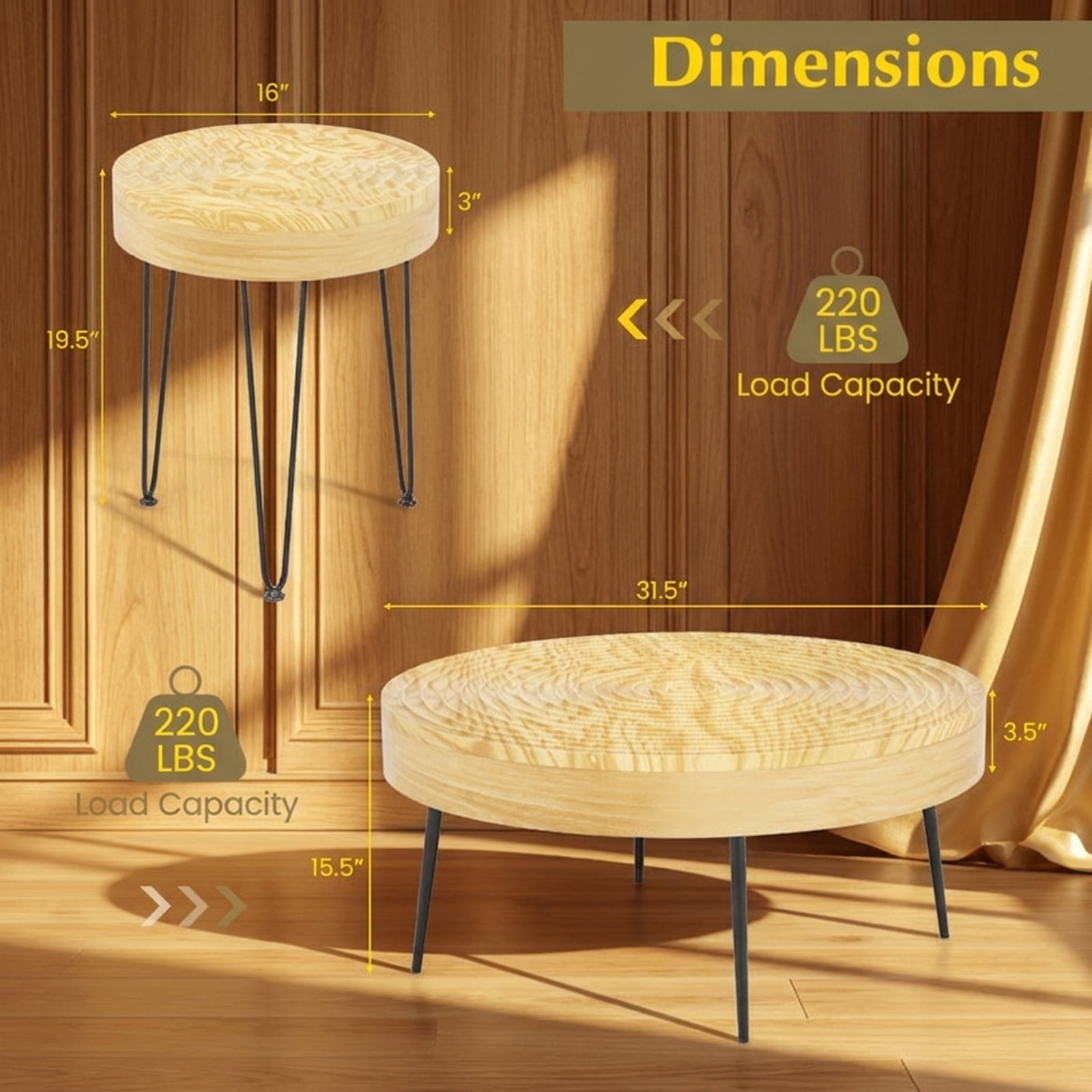 Furnibear Set of 2 Solid Wood Farmhouse Round Coffee Tables - Natural - Living Room Cocktail Center Table
