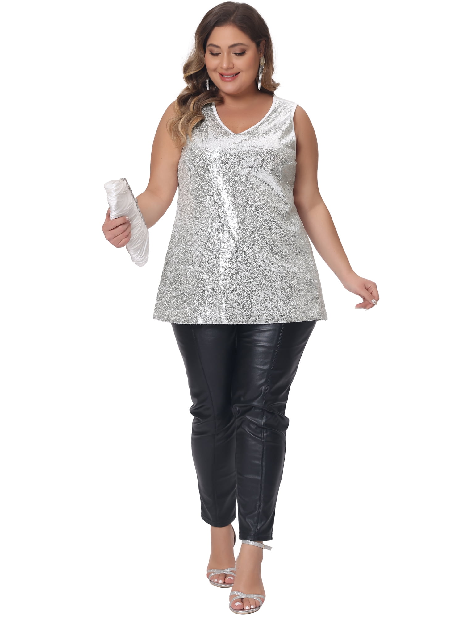 DARING DIVA Women's Plus Sleeveless Sparkle Sequin V Neck Tank Top 2X Silver