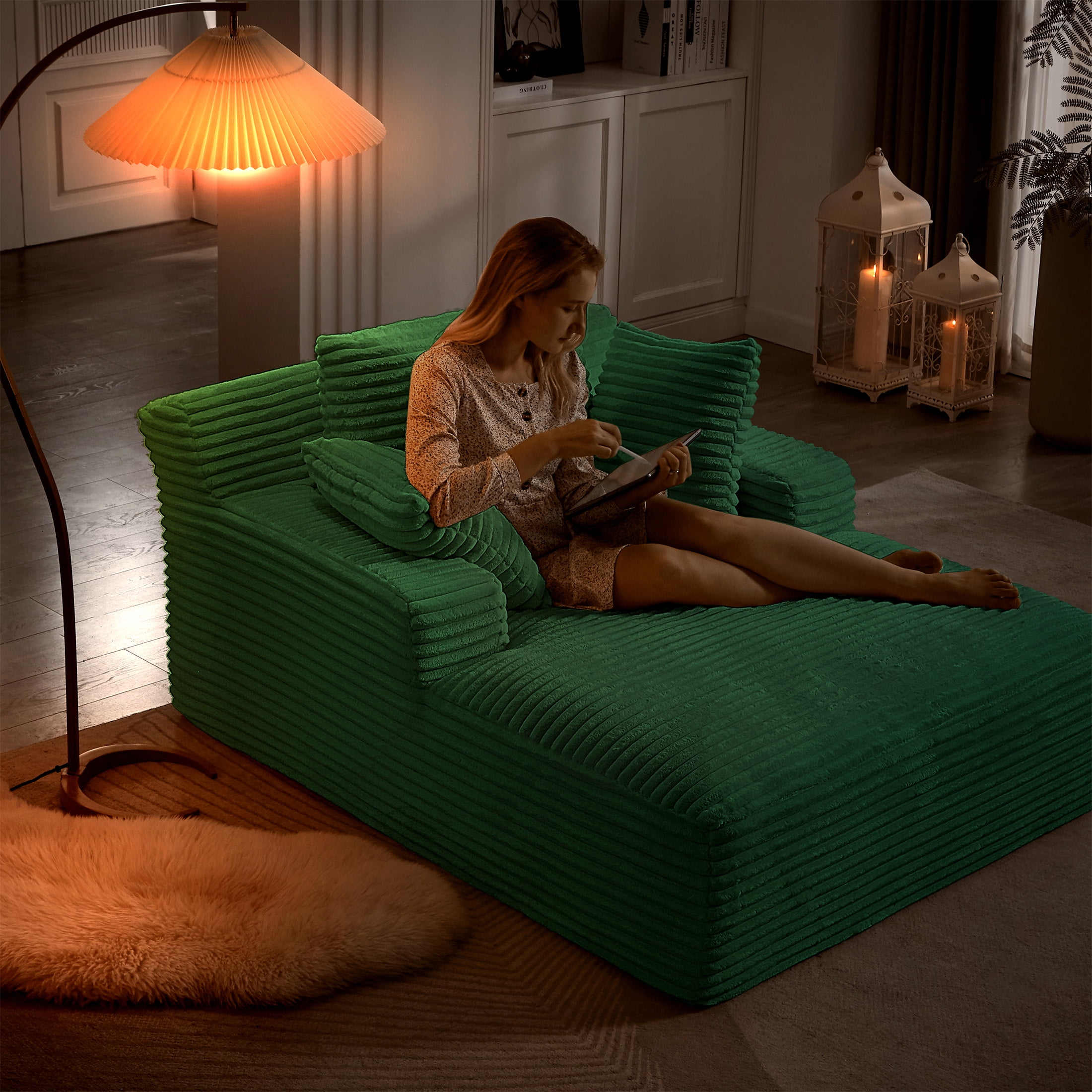 Aukfa 66" Oversized Chaise Lounge Chair, Corduroy Sleeper Sofa with 3 Pillow for Living Room,Green