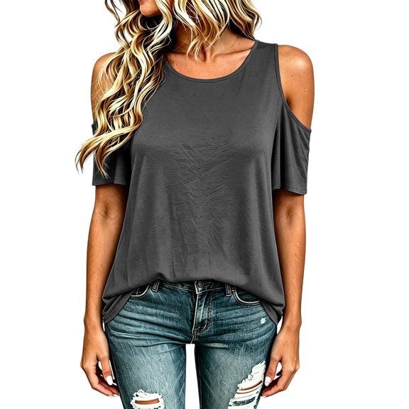 Puliio Women's Solid Cold Shoulder T Shirt Short Sleeve Going Out Soft Relaxed Summer Tee