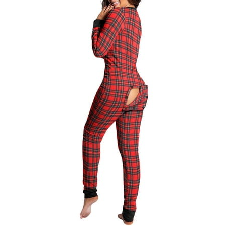 

Women Butt Flap Pajamas Button-Down Front Buttoned Flap Adults Jumpsuit One Piece Sleepwear