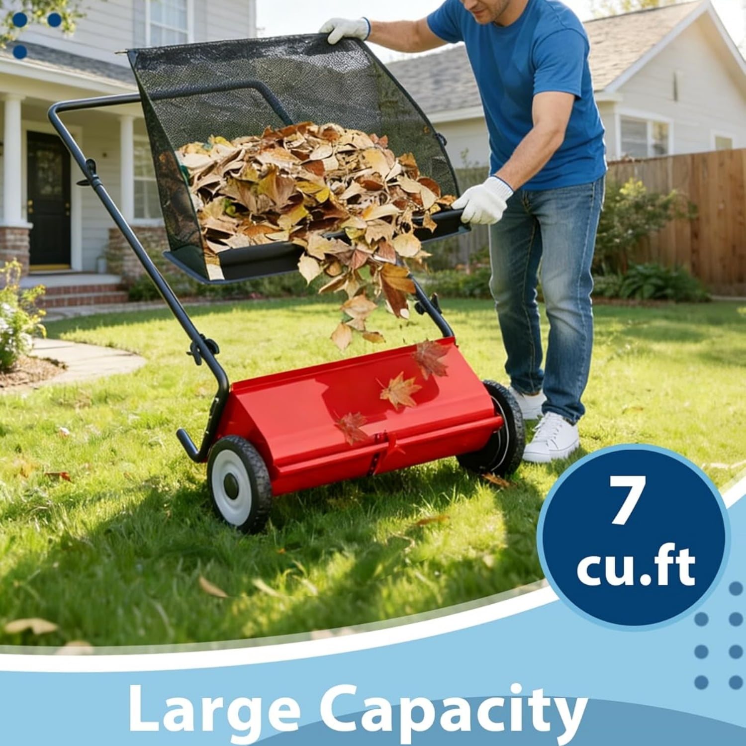 Riedhoff 26" Push Lawn Sweeper,4 Spinning Brushes, 7 Cu. Ft Capacity Collection Bag, Adjustable Height, Red