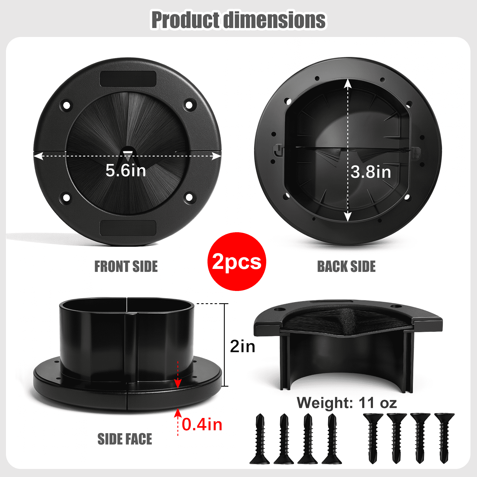 2-Pack 4-Inch Round Brush Grommet, Large Split Design Cable Pass-Through for Data Center Raised Floor & Home Wall, Airflow Optimization