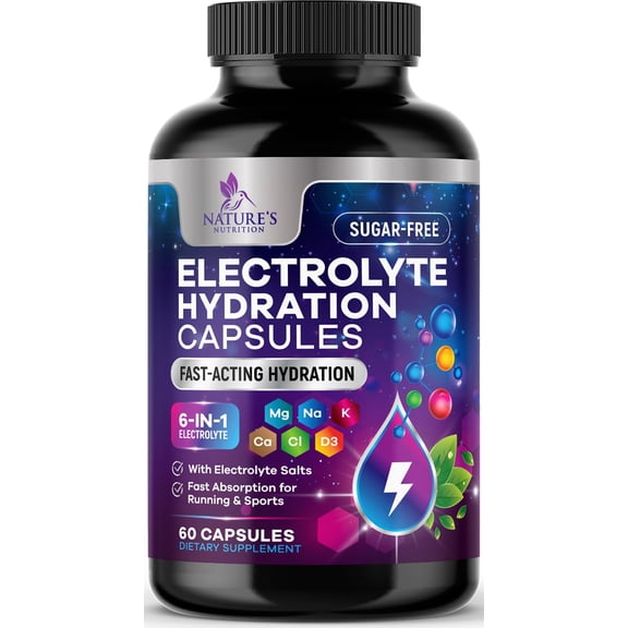 Nature's Nutrition Electrolyte Capsules - Essential Electrolytes and Minerals for Hydration Supplement, Salt Tablet for Runners, Vegan, Sugar-Free, Keto-Friendly, Non-GMO