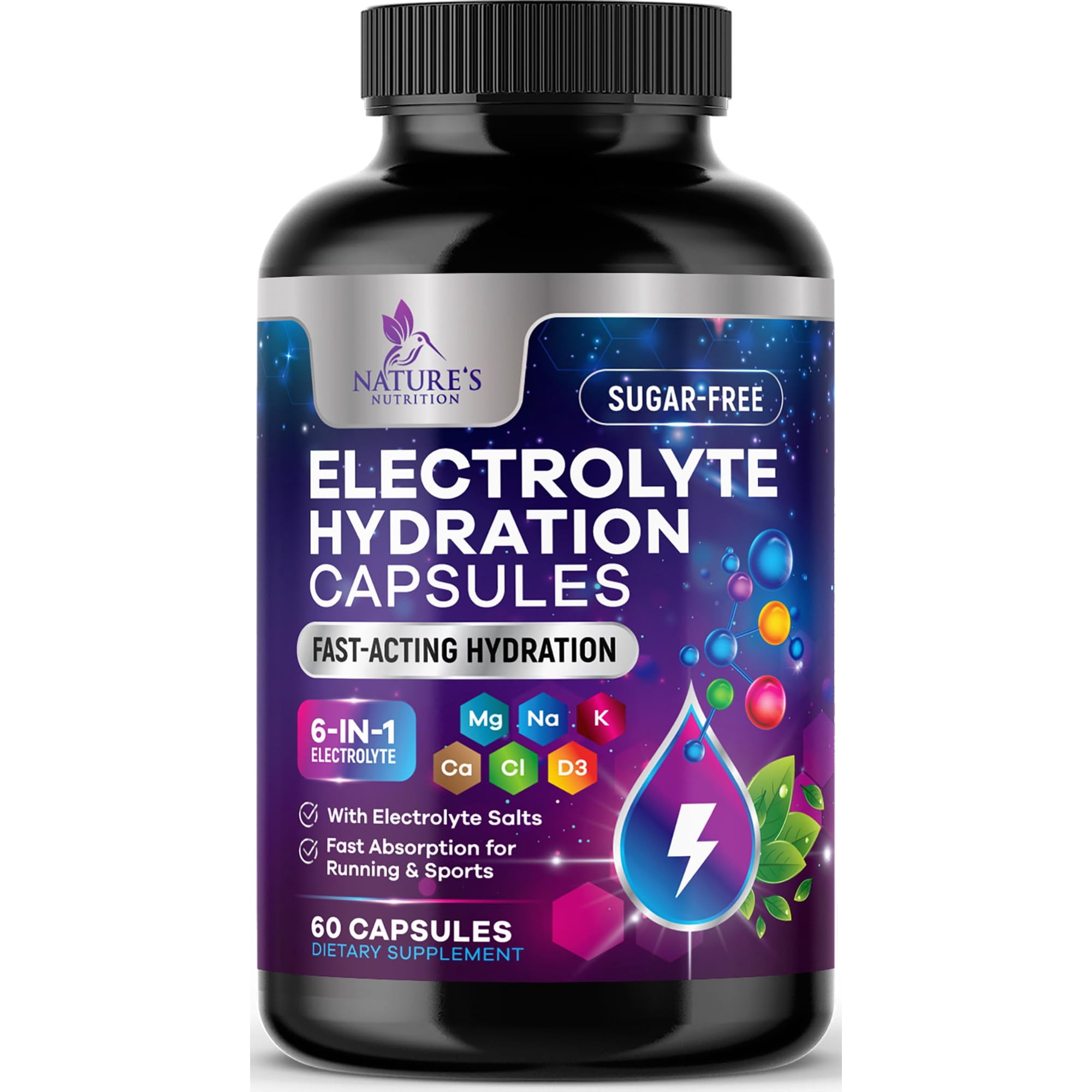 Nature's Nutrition Electrolyte Capsules - Essential Electrolytes and Minerals for Hydration Supplement, Salt Tablet for Runners, Vegan, Sugar-Free, Keto-Friendly, Non-GMO