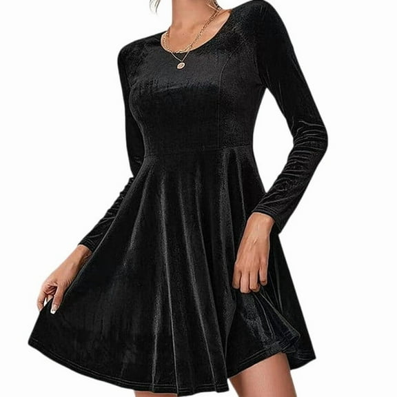 Autumn Winter Velvet Party Dresses High Waist O-Neck Large Swing Formal Dress Office Lady Solid A-Line Cocktail Prom Dress Elegant Atmospheric Tight Fitting Woman Clothes Black L