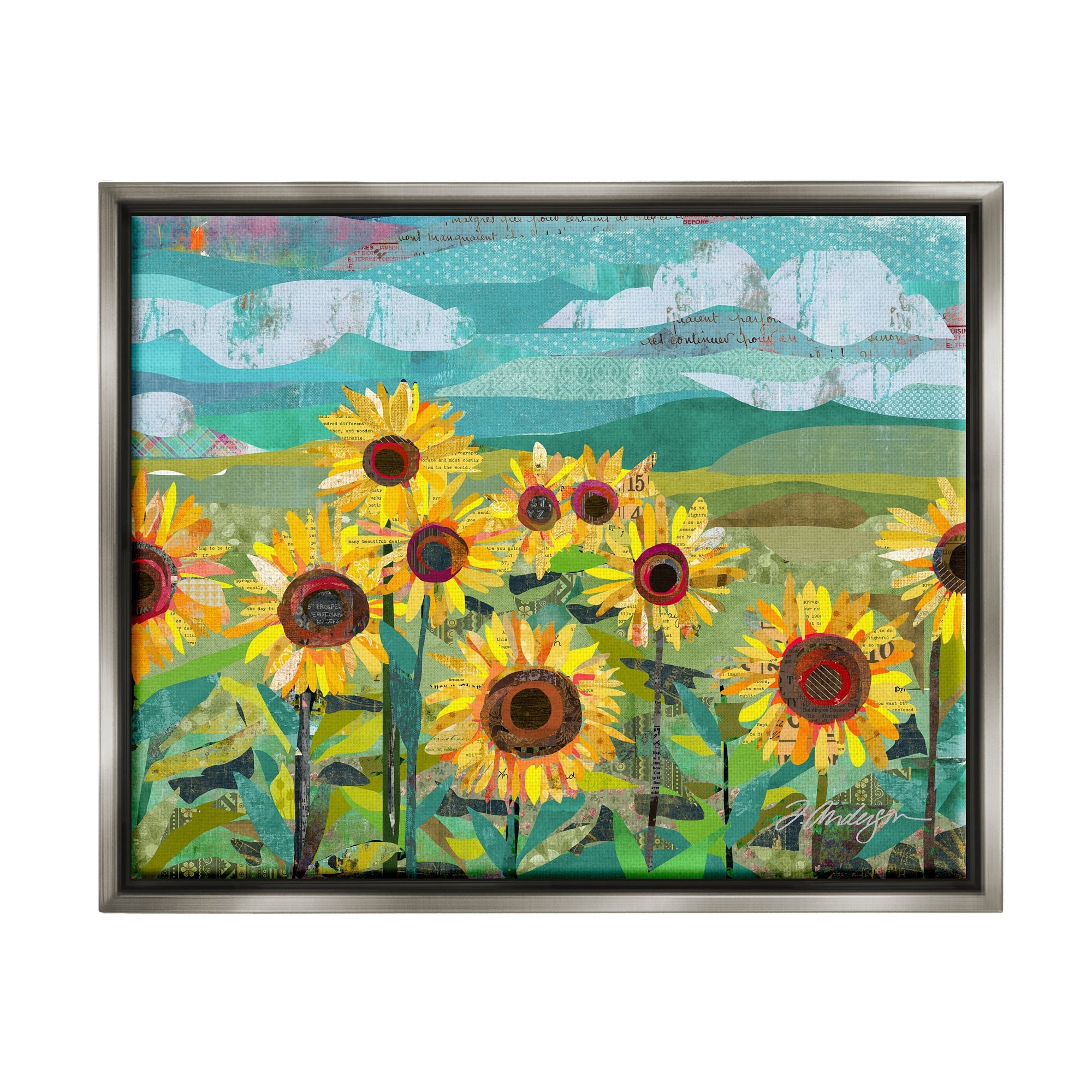 Stupell Industries Collaged Sunflower Field Abstract Layered Ephemera Meadow Graphic Art Luster Gray Floating Framed Canvas Print Wall Art, Design by Traci Anderson