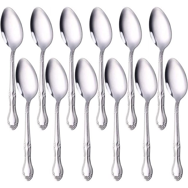12-Piece Stainless Steel Dinner Spoons with Flower Edge, Stainless Steel Dinner Spoons Set, Table Spoon Dessert Spoons for Home, Kitchen or Restaurant - 7.3 Inches, Silver