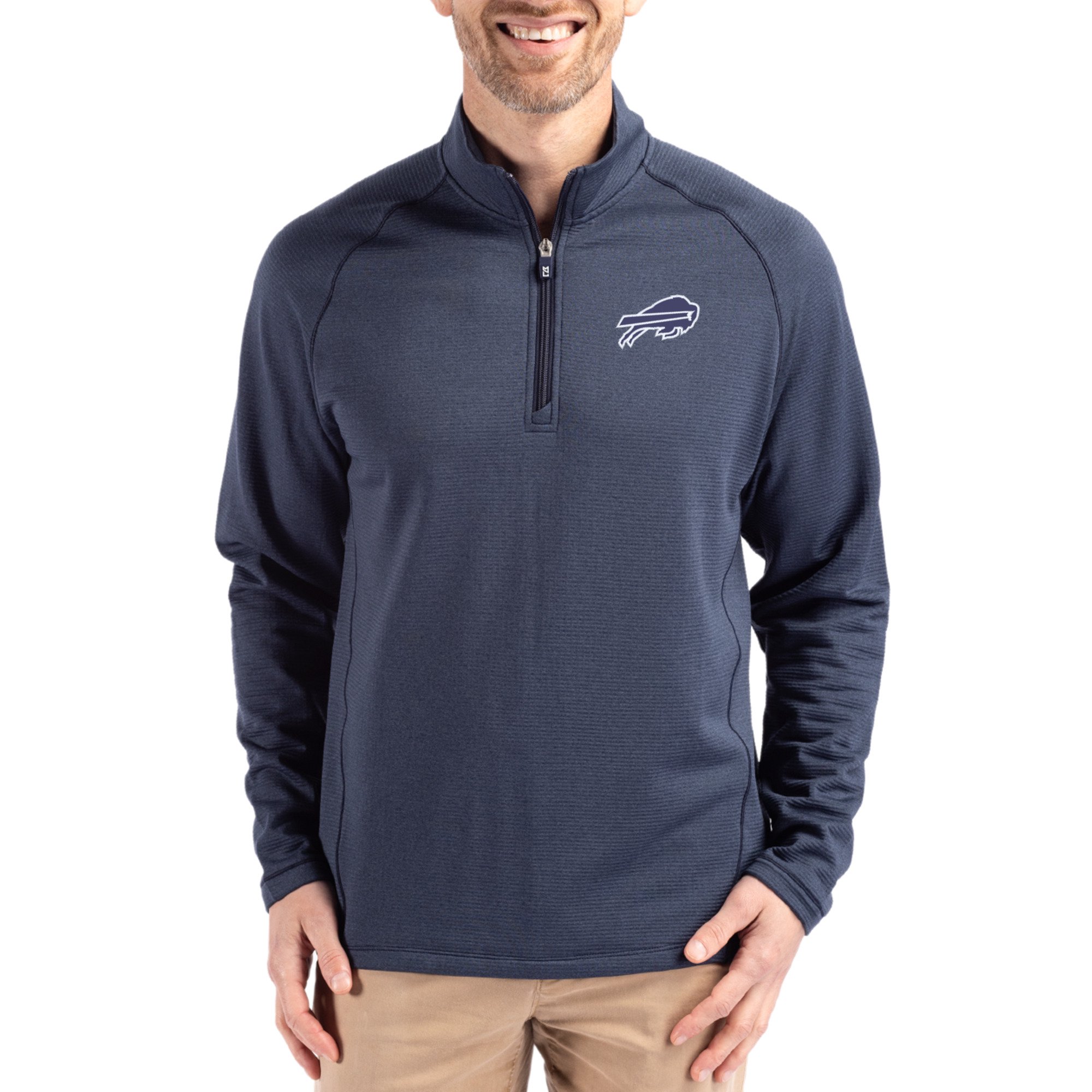 Men's Cutter & Buck Heather Navy Buffalo Bills Peshastin Eco Fleece Tri-Blend Raglan Recycled Quarter-Zip Jacket