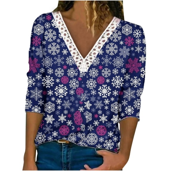 Fall Christmas Printed Tops for Women Crochet Lace Trim V Neck T Shirts Casual Loose Pullover Tee Shirts Tunic Blouses