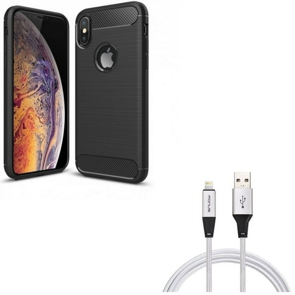 Case w 6ft USB Cable for iPhone XS/X - Carbon Fiber Slim Fit Cover Reinforced Bumper Shock Absorbent, Charger Cord Power Wire Braided Long for iPhone XS/X