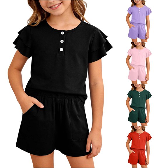Weebloom Teen Girl Pajamas Summer Two Piece Outfit Ruffled Short Sleeved Button Down Shirt And Shorts Tween Sleepwear Nightwear Pjs Loungewear Black 13-14 Years
