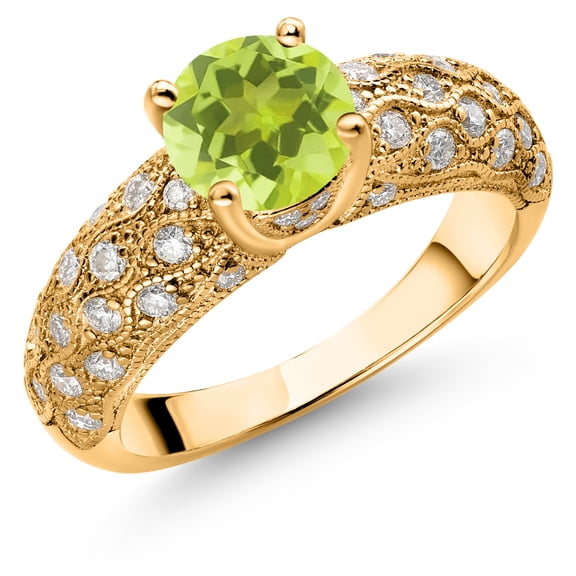 Gem Stone King 18K Yellow Gold Plated Silver Yellow Lemon Quartz and White Moissanite Engagement Ring for Women (1.54 Cttw, Round 7MM, Gemstone, Size 9)