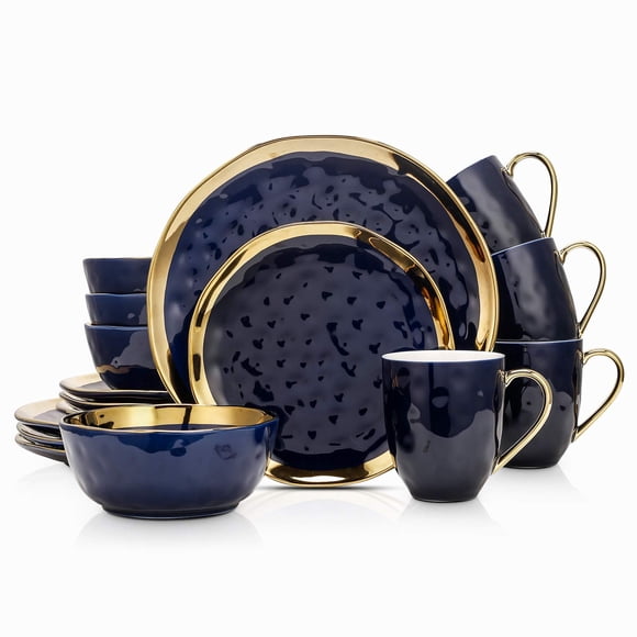 Juego de vajilla Stone Lain de porcelana, 16 piezas, azul con borde dorado