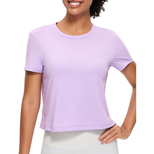 Remera CRZ YOGA de Algodón Pima Cuello Alto Cortada Morada Talle M