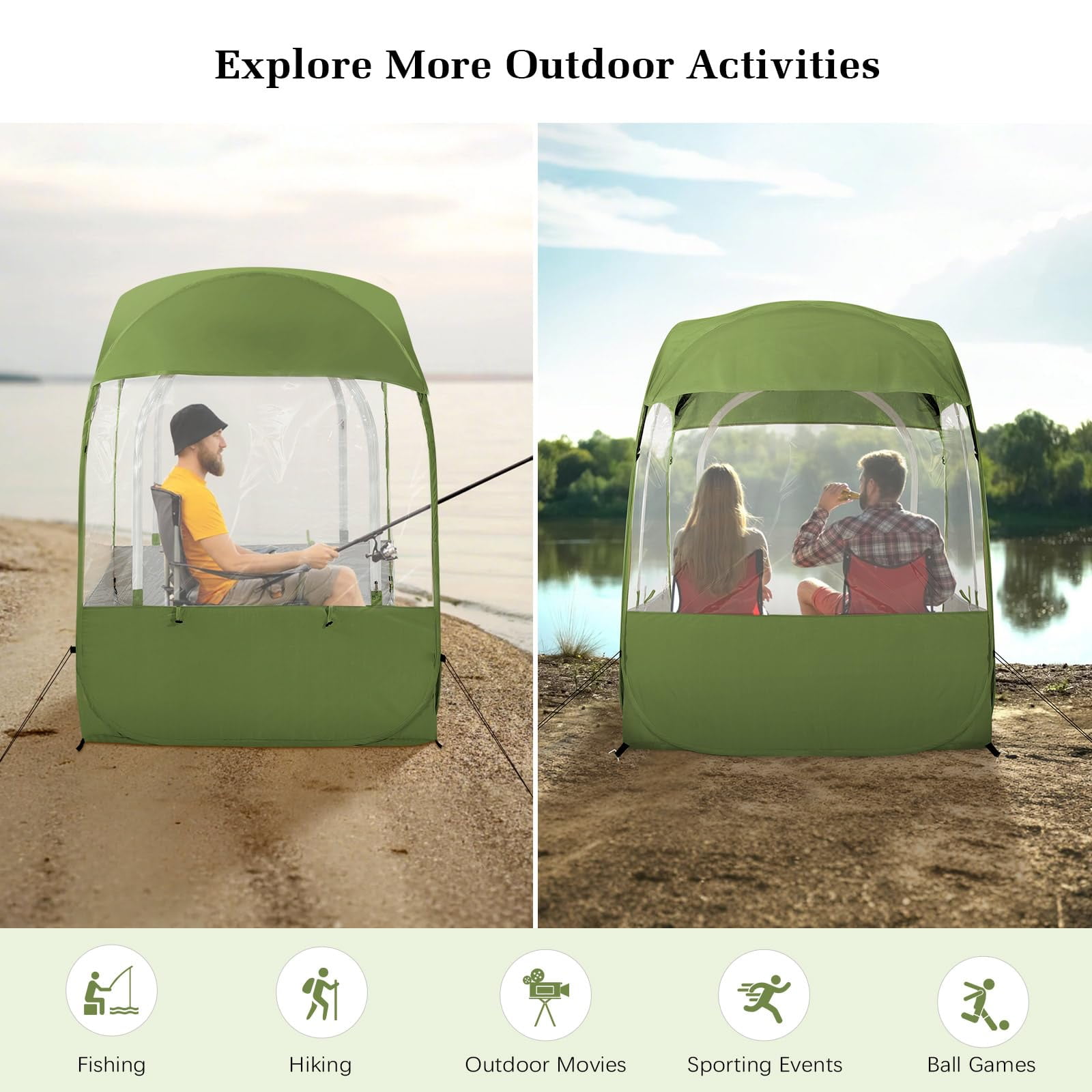 Sports Tent for 1-2 Person, Instant Weather Proof Clear View Bubble Tent, Portable & Foldable Pop Up Tents Shelter with Carry Bag for Watching Sports Events, Camping, Fishing, Green