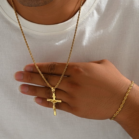 Luxury 14K White Gold Cross Pendant Twist Men's Necklace Bracelet