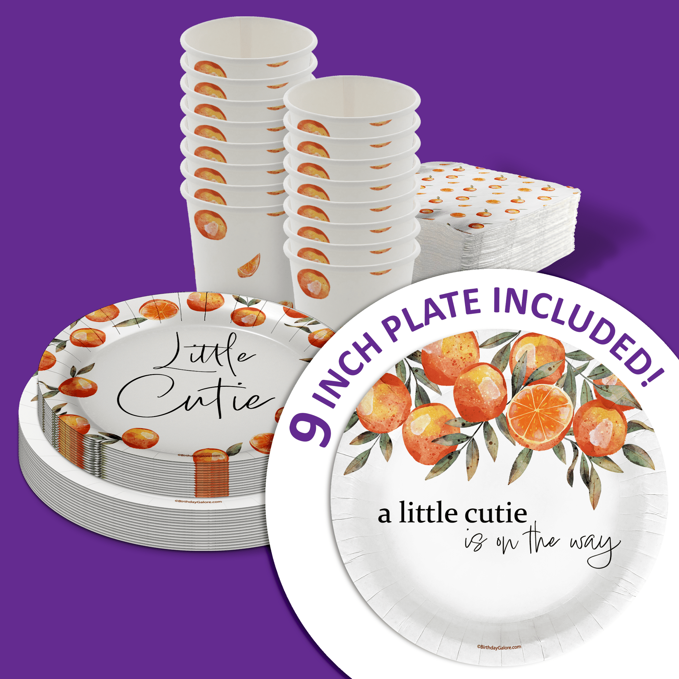 Our Little Cutie Is On The Way Baby Shower Party Supplies - 64 Piece Oranges Baby Shower Tableware Set Includes Large 9" Dinner Plates and 8" Dessert Paper Plates Napkins Cups - Kit for 16