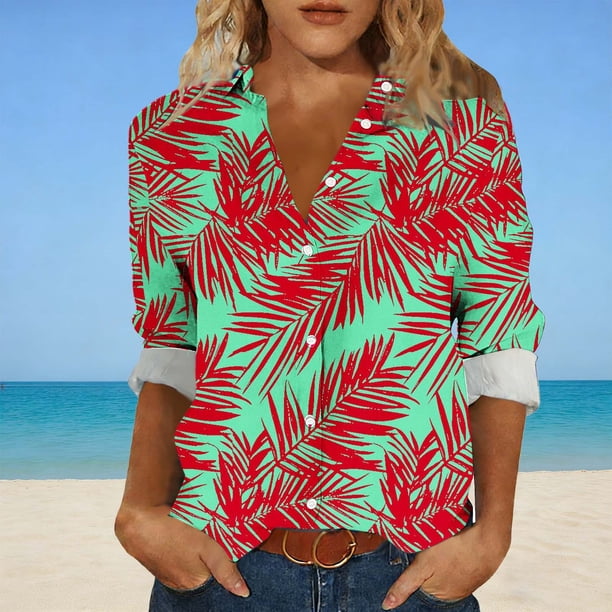 TaTaai Ladies Casual Lapel Long Sleeve Shirt Cotton Linen Like Hawaiian Print All Over Pattern Fashion Top for Spring Summer Fall Daily Street Wear Soft Comfortable Stylish Blouse Gift