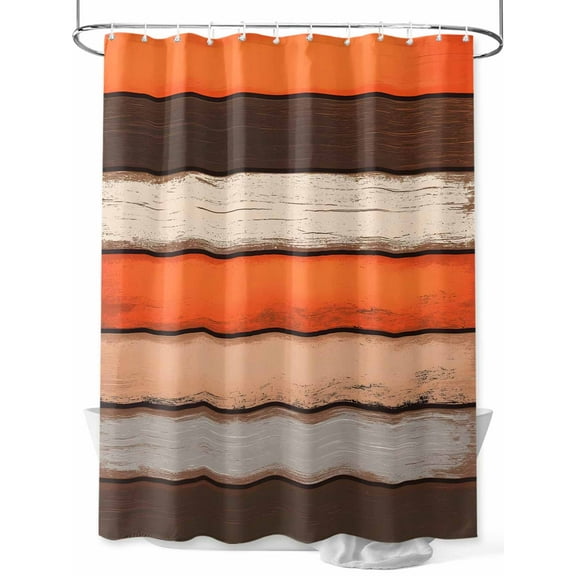 Coastal Style Shower Curtain, Vintage Orange Brown Stripe Wood Texture Waterproof Shower Curtain Set with 12 Hooks Lightweight Washable Fabric Shower Curtains for Bathroom 48x72 Inches