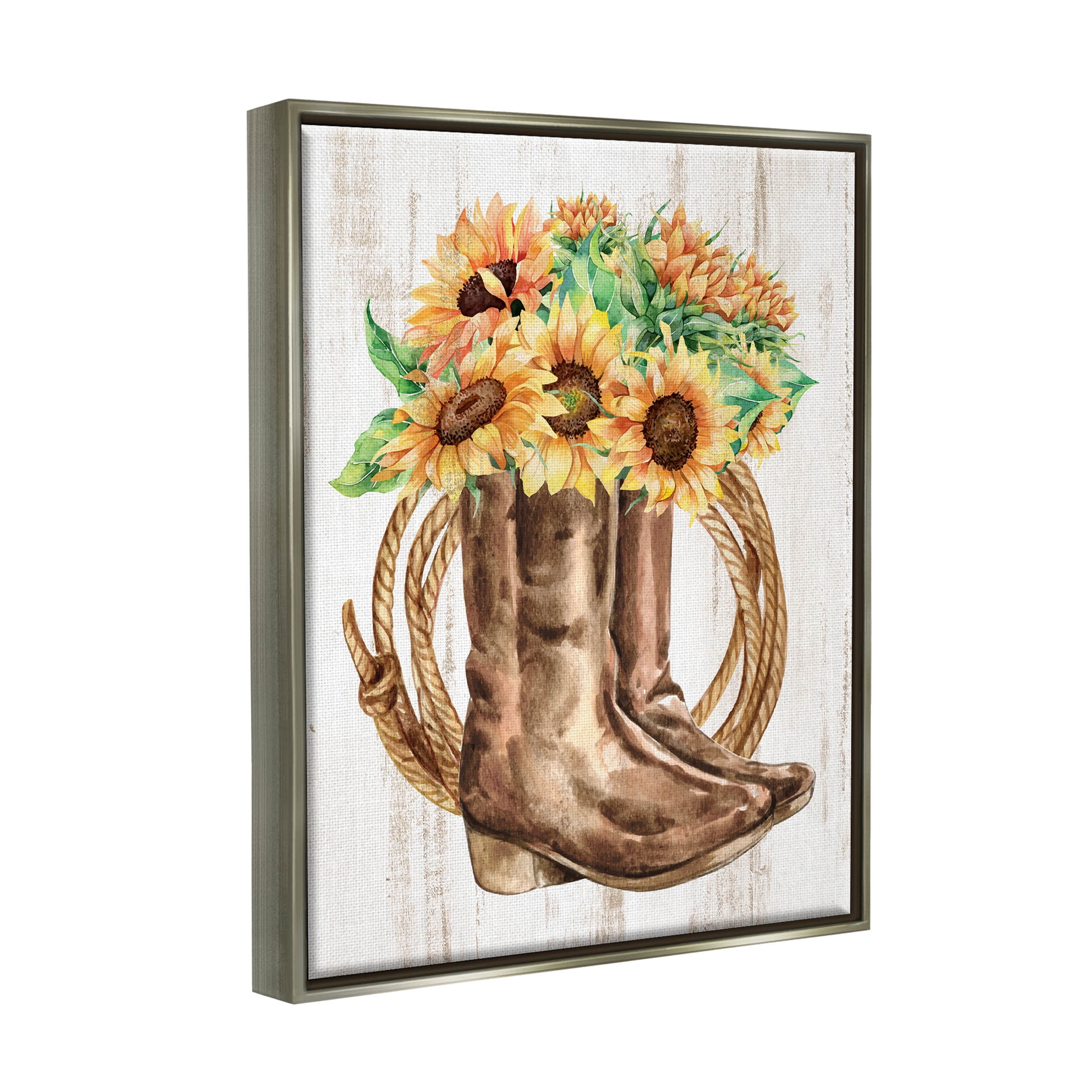 Southern Sunflower Bouquet Boots Botanical & Floral Graphic Art Luster Gray Framed Art Print Wall Art