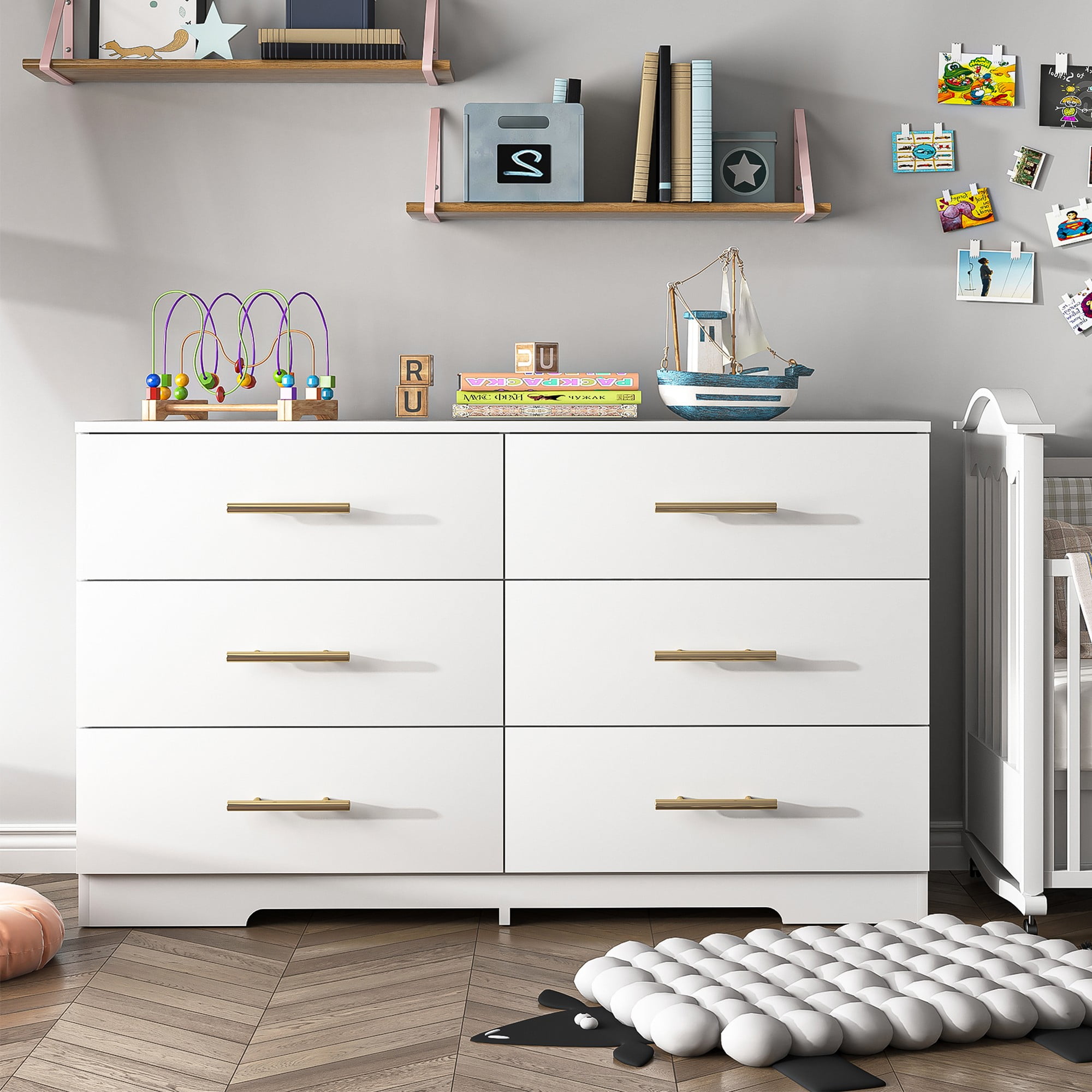 Finihen 6 Drawer Double Dresser with Golden Handle, Modern 6 Chest of Drawers with Deep Drawers, Wide Storage Organizer Cabinet for Living Room, Kids, White Finihen 6 Drawer Double Dresser with Golden Handle, Modern 6 Chest of Drawers with Deep Drawers, Wide Storage Organizer Cabinet for Living Room, Kids, White