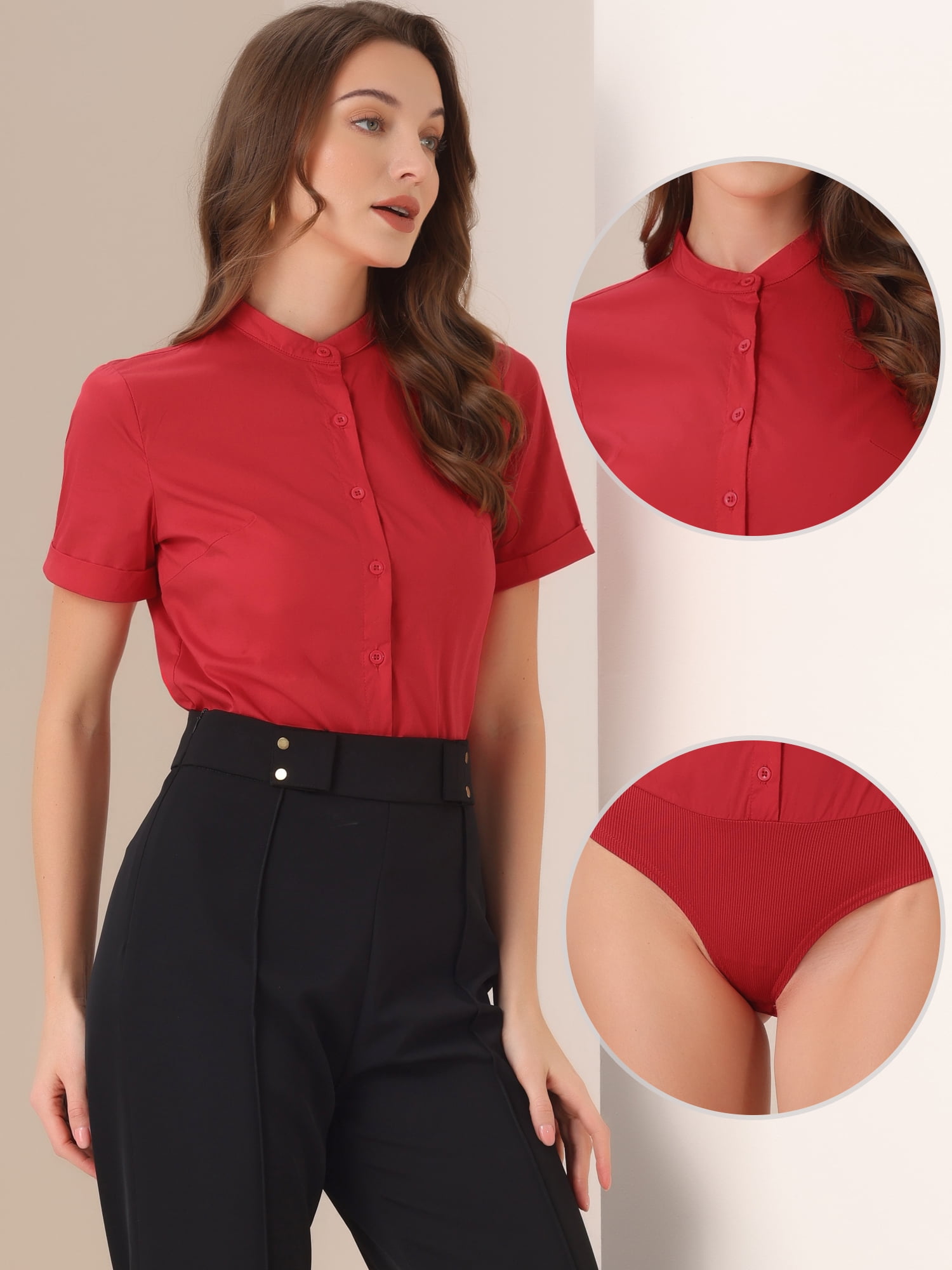 DARING DIVA Stand Collar Short Sleeve Office Work Shirt Bodysuits S Red