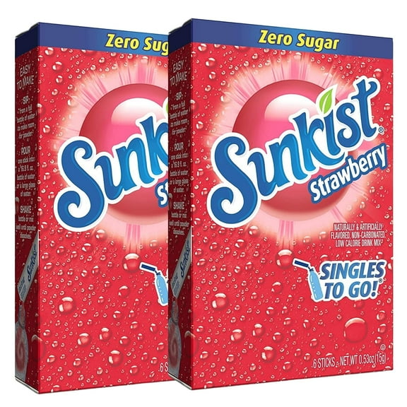 Sunkist Soda Strawberry Singles To Go Drink Mix, Sugar-Free Caffeine-free Non-carbonated Water Enhancer Powder Sticks Beverage 2 Boxes - 6 Sachet per Box - 12 Total Servings