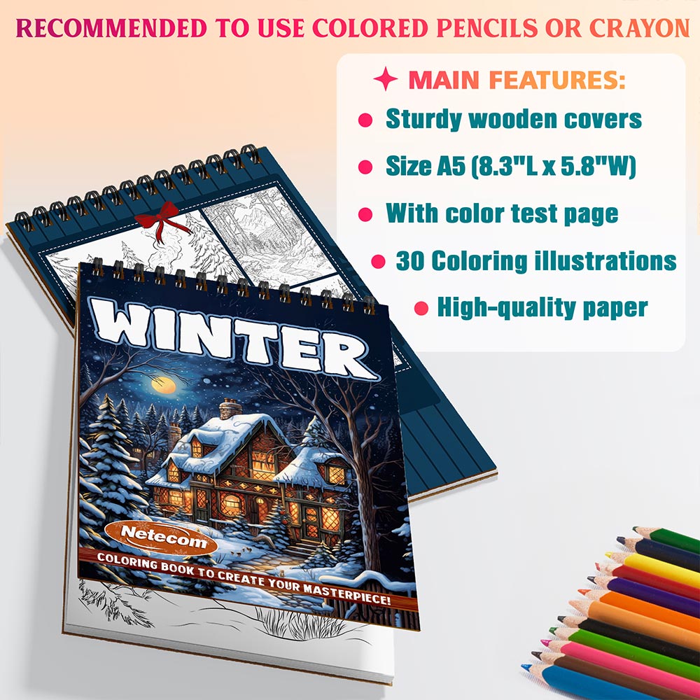 Netecom Winter Coloring Book Spiral Bound for Adults, A5 Wooden Cover, 30 Tranquil Coloring Pages of Serene Winter Landscapes for Stress Relief and Relaxation