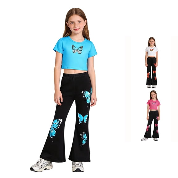 SGMVNU Girls Fashion 2 Piece Summer Outfit Short Sleeve Crop Top and High Waisted Bell Bottom Flared Pants Streetwear, Size 7-8 Years, Blue