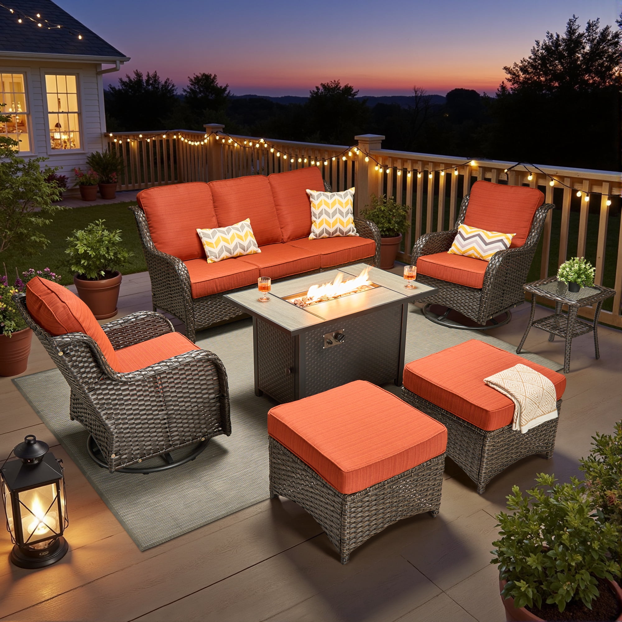 Ovios 7 Piece Outdoor Patio Furniture Set All-Weather Wicker Rattan Conversation Set with High Back Swivel Chairs & Propane Fire Pit Table, Orange Red