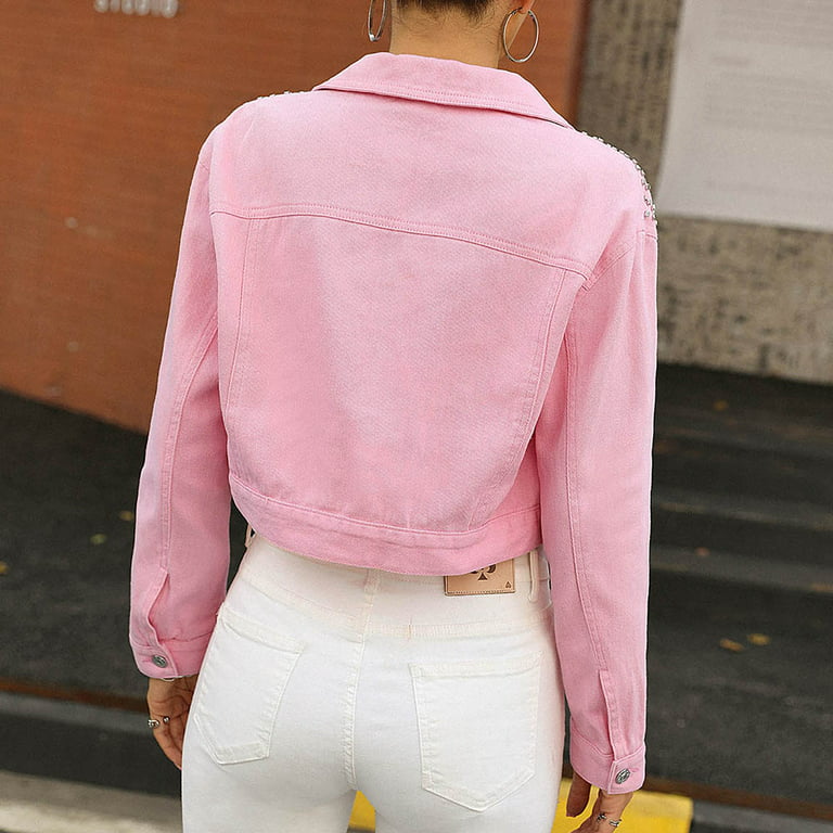 Womens Neon Pink Denim Jacket Size 14 12 10 8 16 Ladies Jean Cropped Jackets