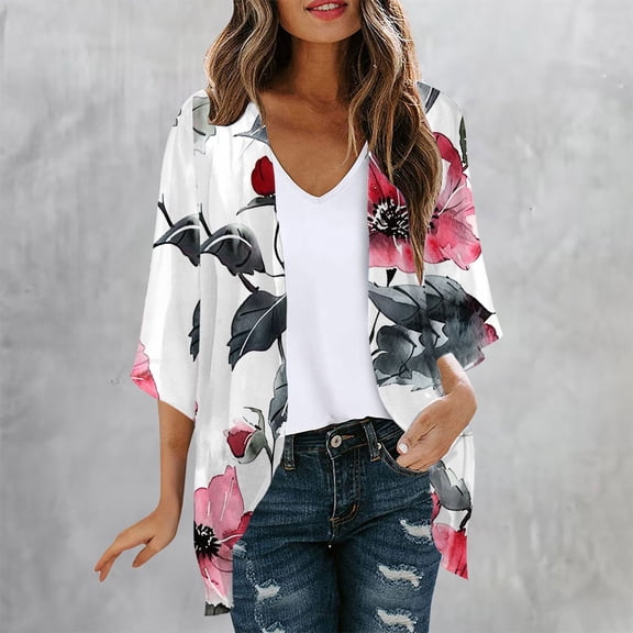 CFLVAEK Womens Kimono Cardigans Loose Fit Long Sleeve Cardigan Trendy Floral Print Cover Ups Casual Open Front Chiffon Cardigans White XXL