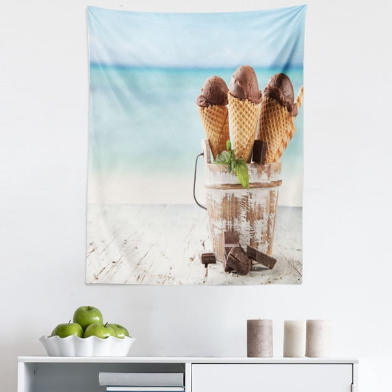 Ice Cream Cone Tapestry, Summer Vacation Chocolate Cold Dessert Delicious Beach Holiday Illustration, Fabric Wall Hanging Decor for Bedroom Living Room Dorm, 5 Sizes, Multicolor, by Ambesonne