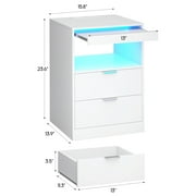 White Nightstand with LED Lights,Wireless Charging Station,2 Drawers, Modern Wooden Sofa Bedside Table,End Side Table with Pull-Out Shelf,Living Room Bedroom