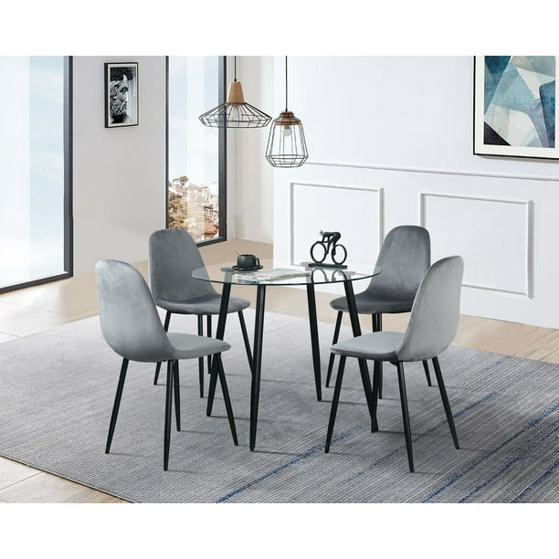 Omni House Dining Table Set for 4,Mid Century Round Tempered Glass