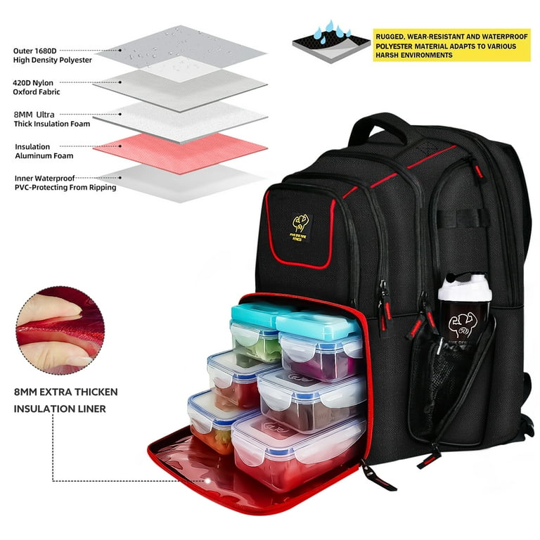 519 Fitness Meal Prep Backpack, Insulated Bodybuilding Lunch Rucksack with  Computer Compartment and 6 Meal Containers for Men and Women to