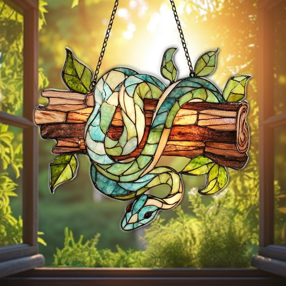 Green Snake Acrylic Window Hanging ? Serpent Faux Stained Glass Style Suncatcher with Leaves, Gothic Reptile Lover D‚cor