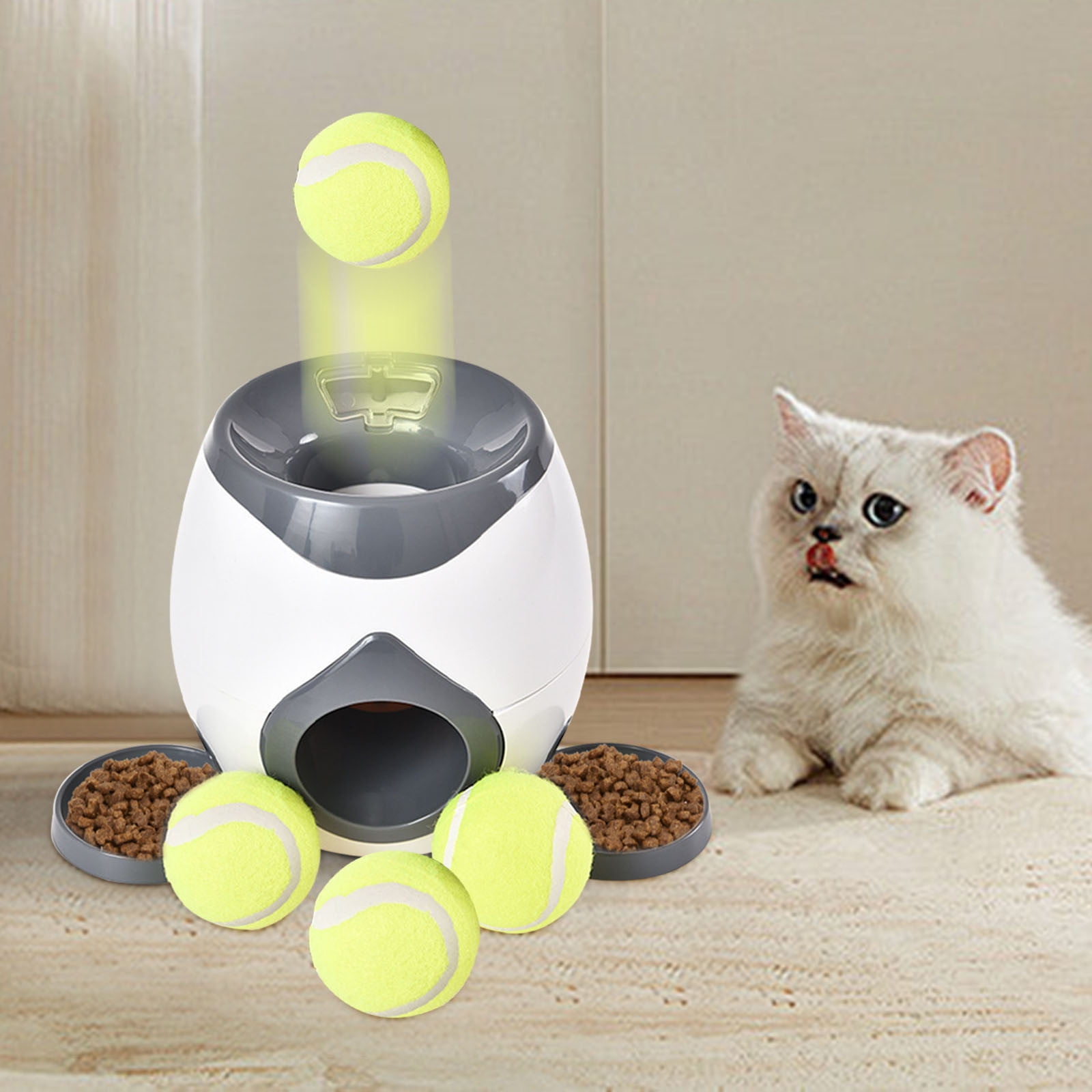 Automatic Ball Launcher for Small Dogs, Automatic Feeder for Interactive Dog Training, Including 2 Tennis Ball (2inch), Keep Dog Happy, Gray