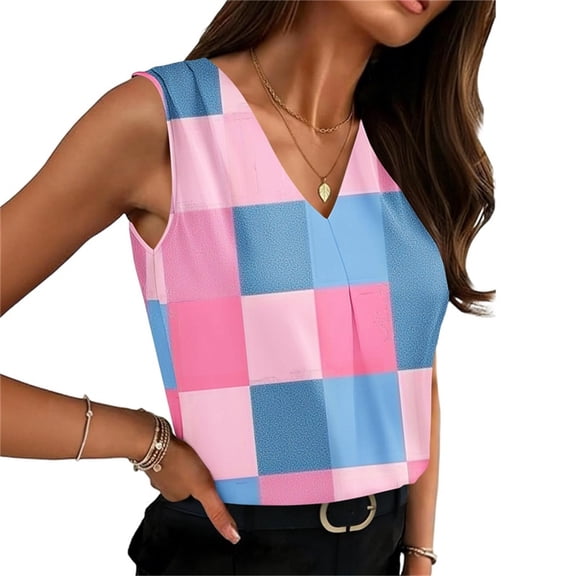 Gamivast Summer Tank Tops for Women Print V-Neck Flowy Fit Pleated Front Blouse Soft Breathable Chiffon Sleeveless Shirts Beach Vacation Daily Casual Lounge outfits