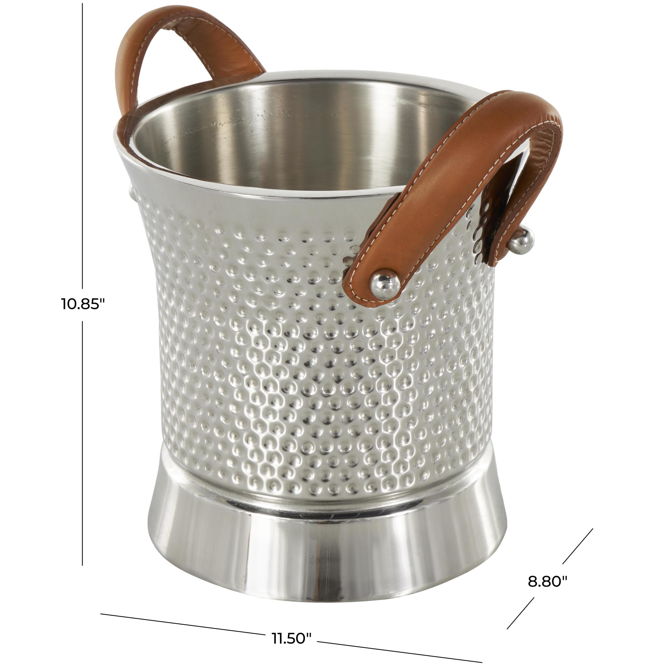 DecMode Round Stainless Steel Metal Hammered Silver Ice Bucket with Brown Leather Handles