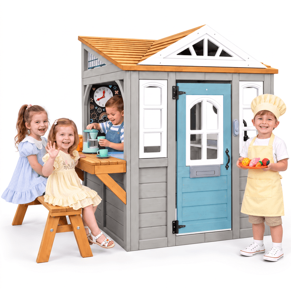 Funride Wooden Grocery Store Playhouse for Kids, Outdoor Pretend Playhouse with Juice Maker, Cash Register, Toy Fruits & Vegetables, Ages 3