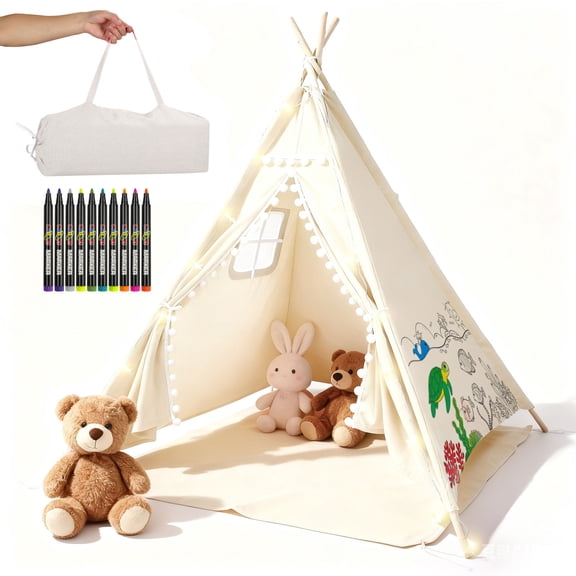 AMTPM Teepee Tent for Kids, Children's Teepee Tent, Canvas Children's Tent, Children's Tents for Girls and Boys with Carrying Bag, Foldable Playhouse for Indoors or Outdoors