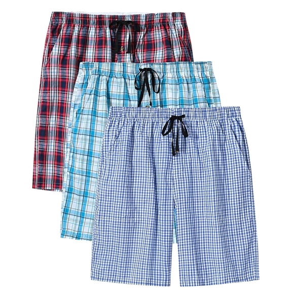 MoFiz Men's 3-Pack Woven Pajama Shorts 100% Cotton Plaid Sleep Lounge